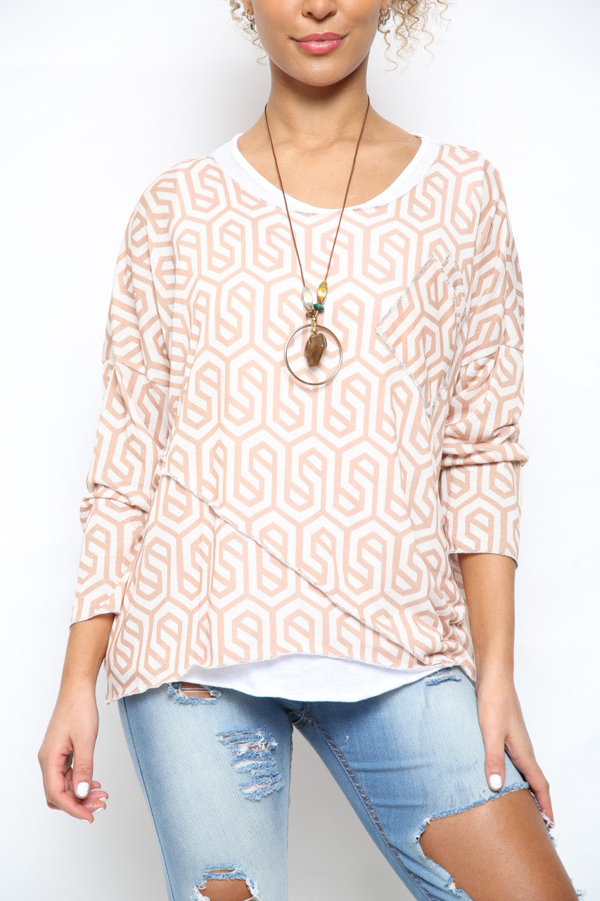 Dames top met geometrische print en dubbele laag roze/wit