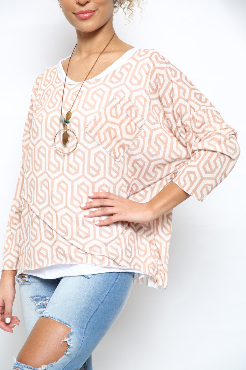 Dames top met geometrische print en dubbele laag roze/wit