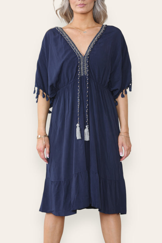 ROPE TASSEL DETAIL MIDI DRESS NAVY