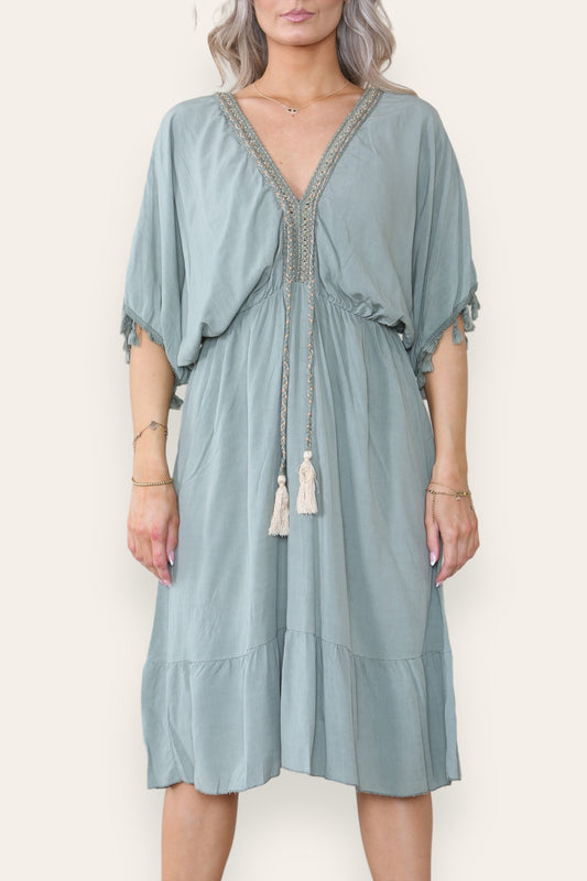 ROPE TASSEL DETAIL MIDI DRESS KHAKI