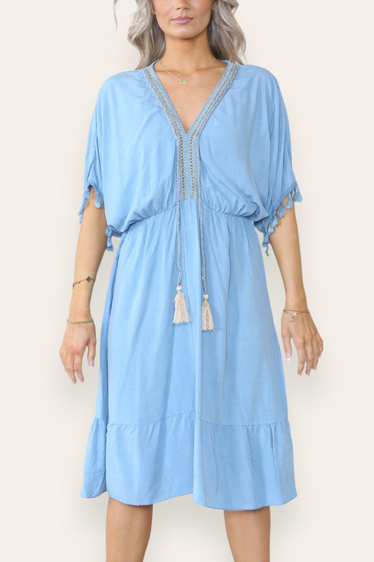 MIDI-JURK VAN DENIM MET KOORDKWASJE