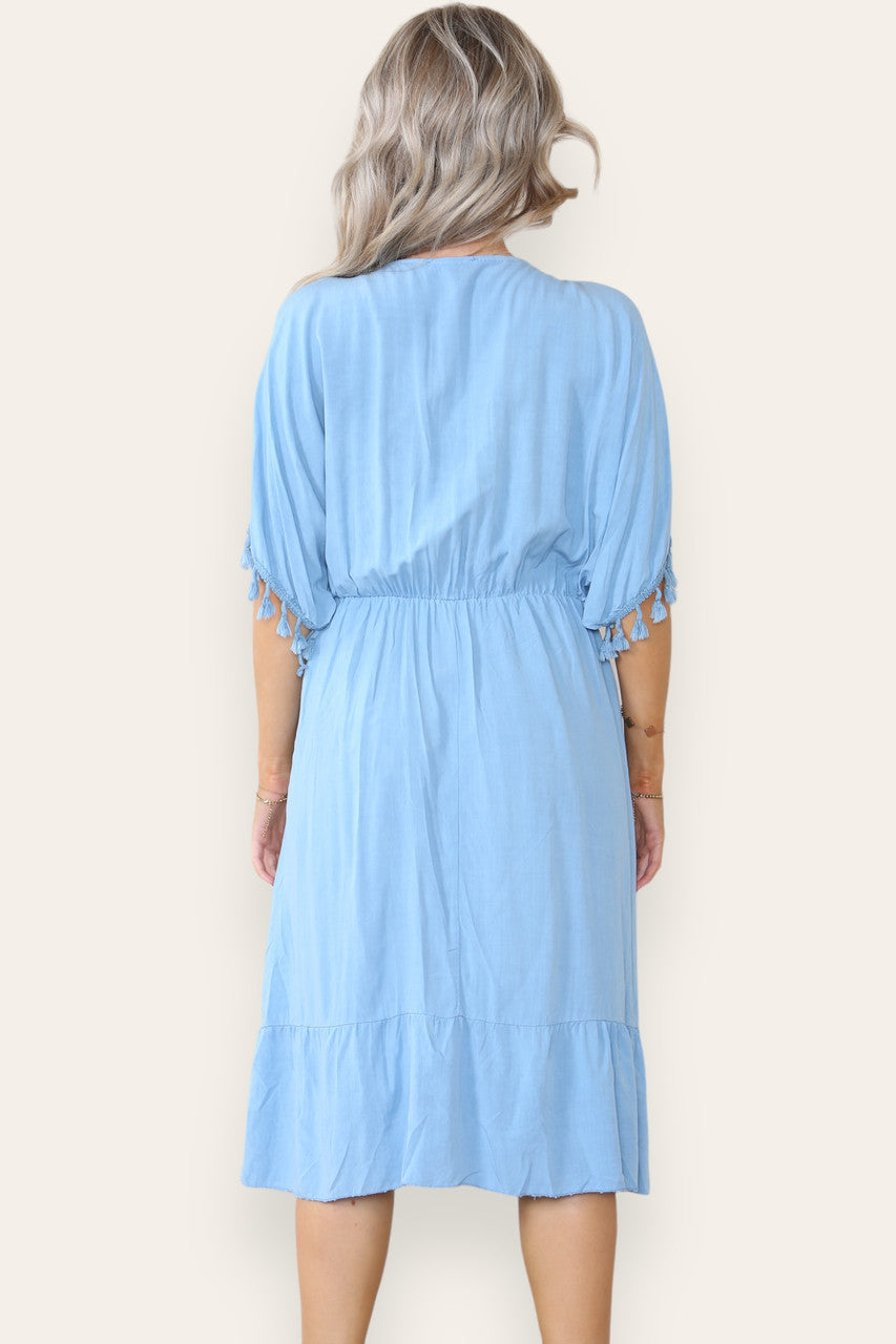 MIDI-JURK VAN DENIM MET KOORDKWASJE