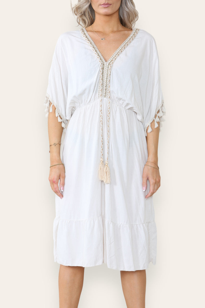 JURK MET KWASJESDETAILS EN TOUW - LENGTE MIDI - STEENKLEUR
