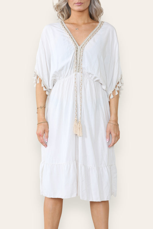 ROPE TASSEL DETAIL MIDI DRESS STONE