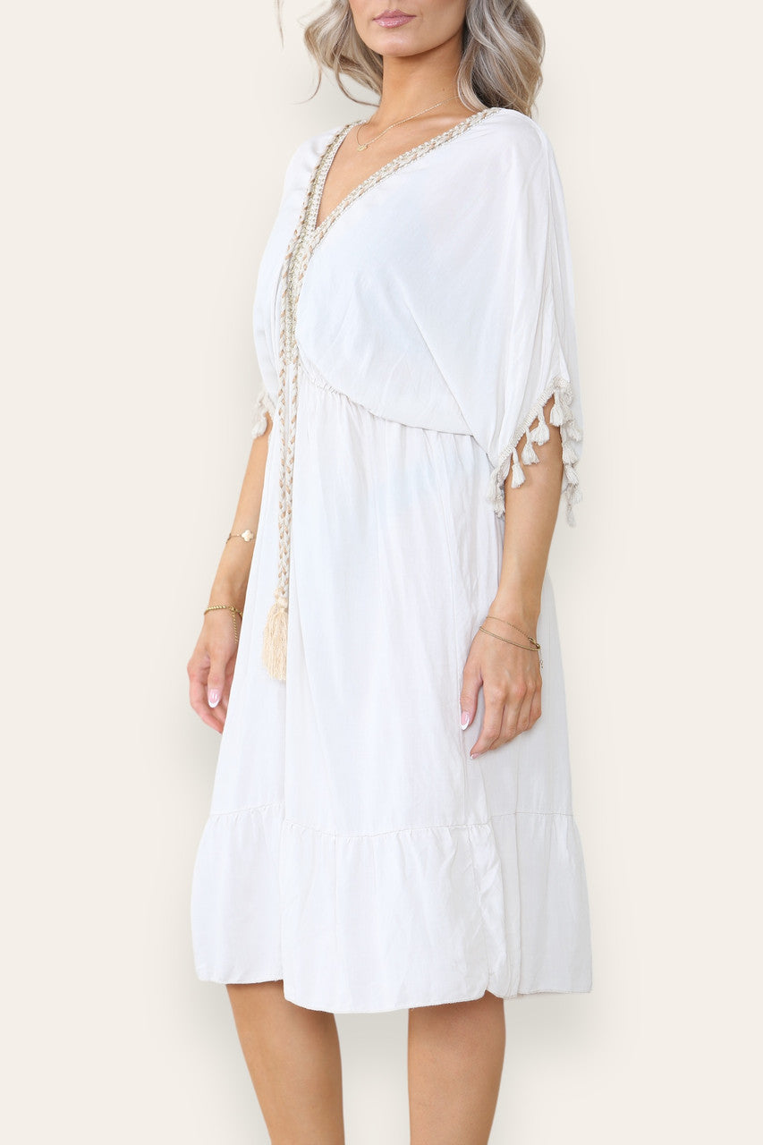 JURK MET KWASJESDETAILS EN TOUW - LENGTE MIDI - STEENKLEUR
