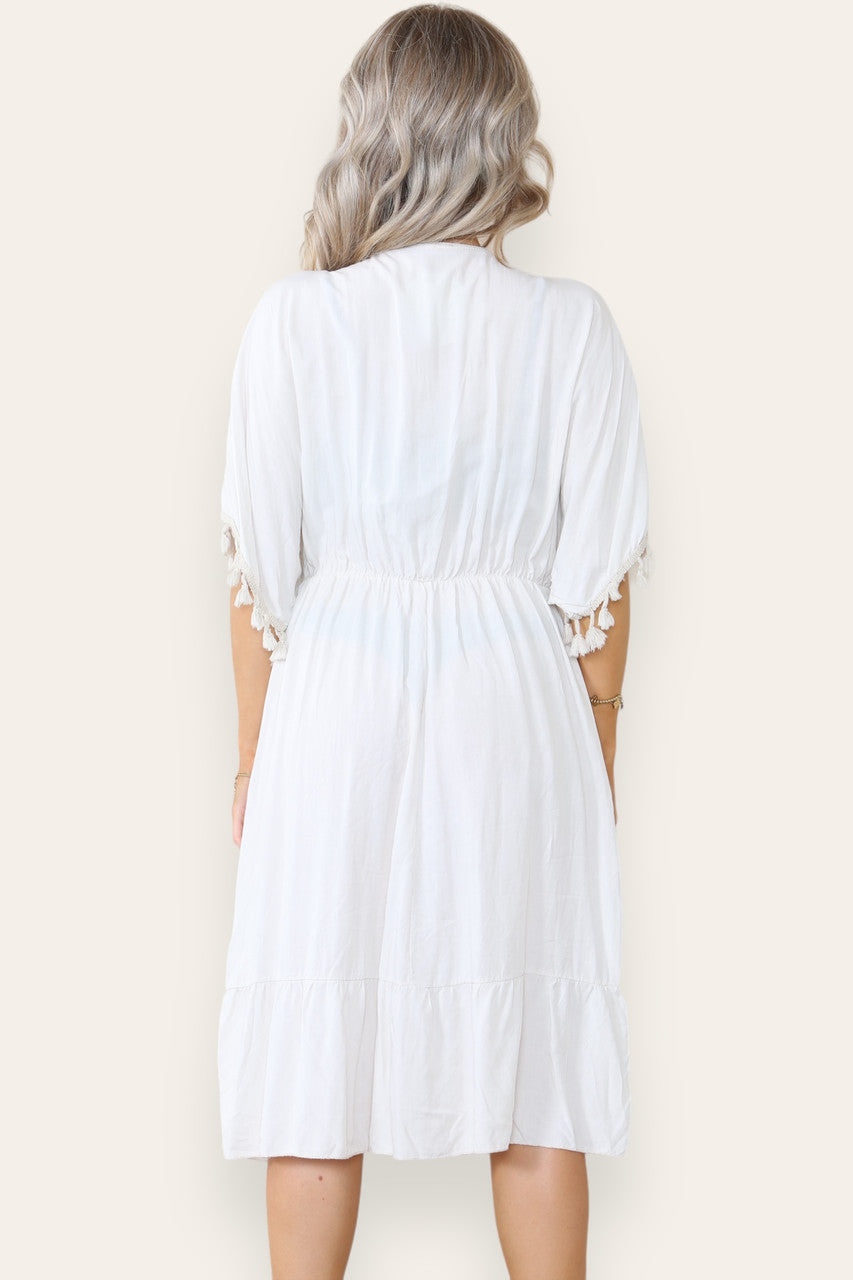 JURK MET KWASJESDETAILS EN TOUW - LENGTE MIDI - STEENKLEUR