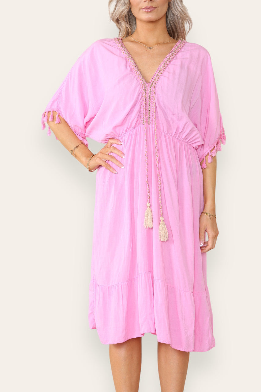 ROPE TASSEL DETAIL MIDI DRESS PINK