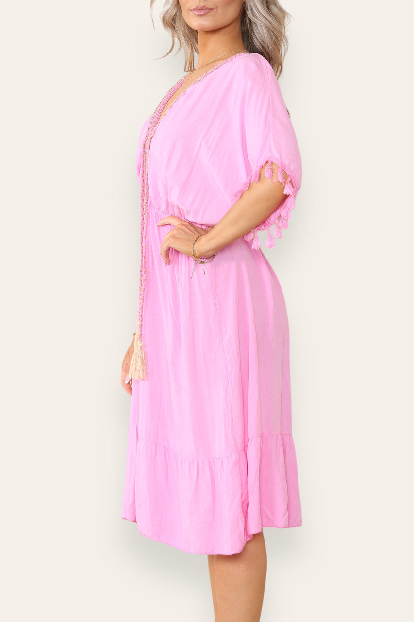 ROPE TASSEL DETAIL MIDI DRESS PINK