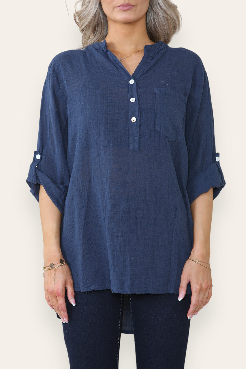 PLAIN GRANDAD SHIRT NAVY