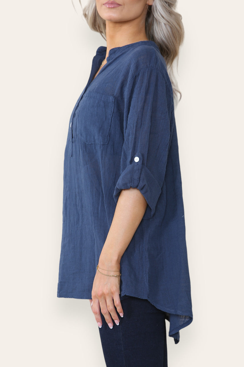 PLAIN GRANDAD SHIRT NAVY