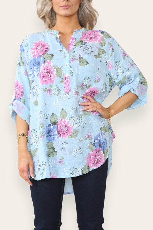 FLORAL PEONY PRINT GRANDAD SHIRT LIGHT BLUE