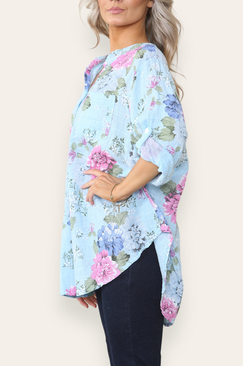 FLORAL PEONY PRINT GRANDAD SHIRT LIGHT BLUE