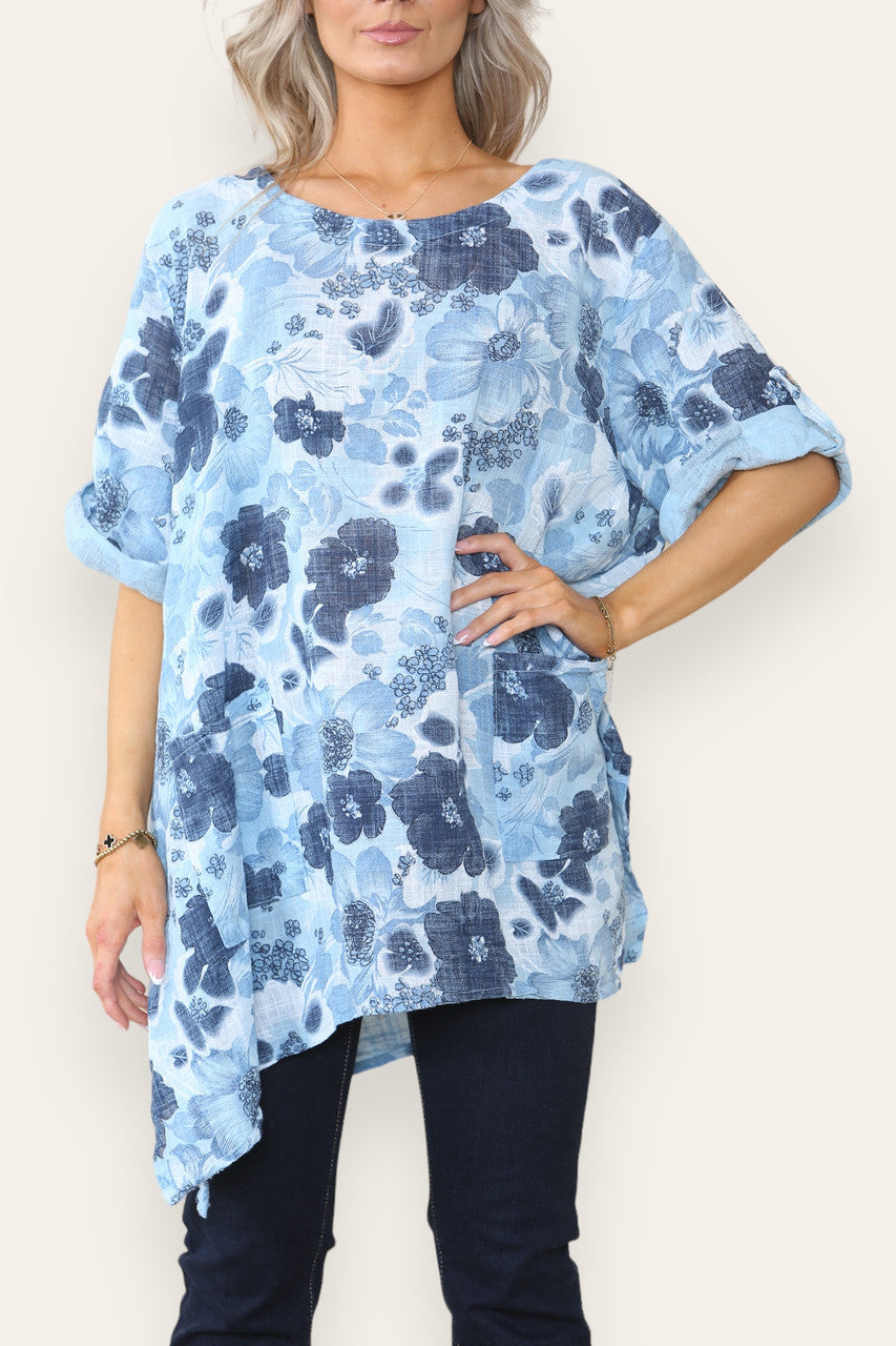 FLORAL PRINT HANKY HEM TOP SKY BLUE