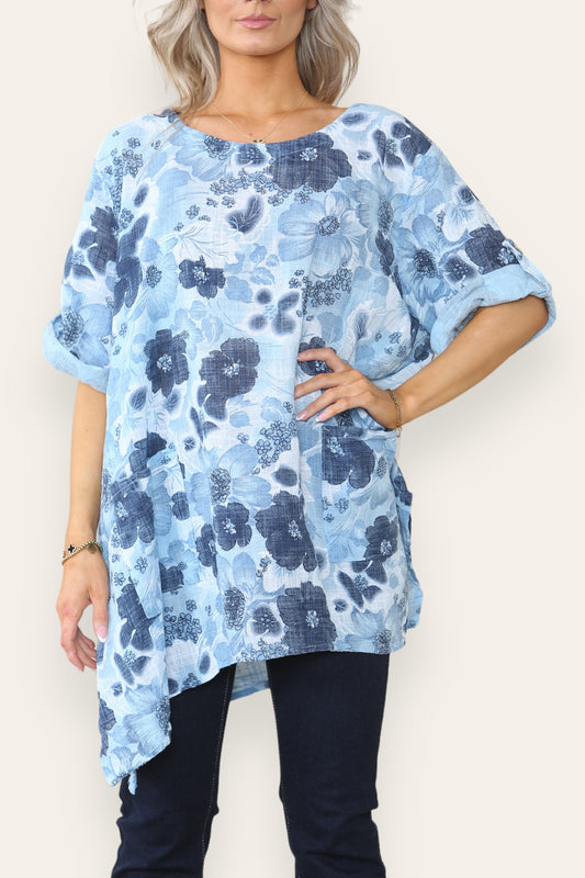 FLORAL PRINT HANKY HEM TOP SKY BLUE