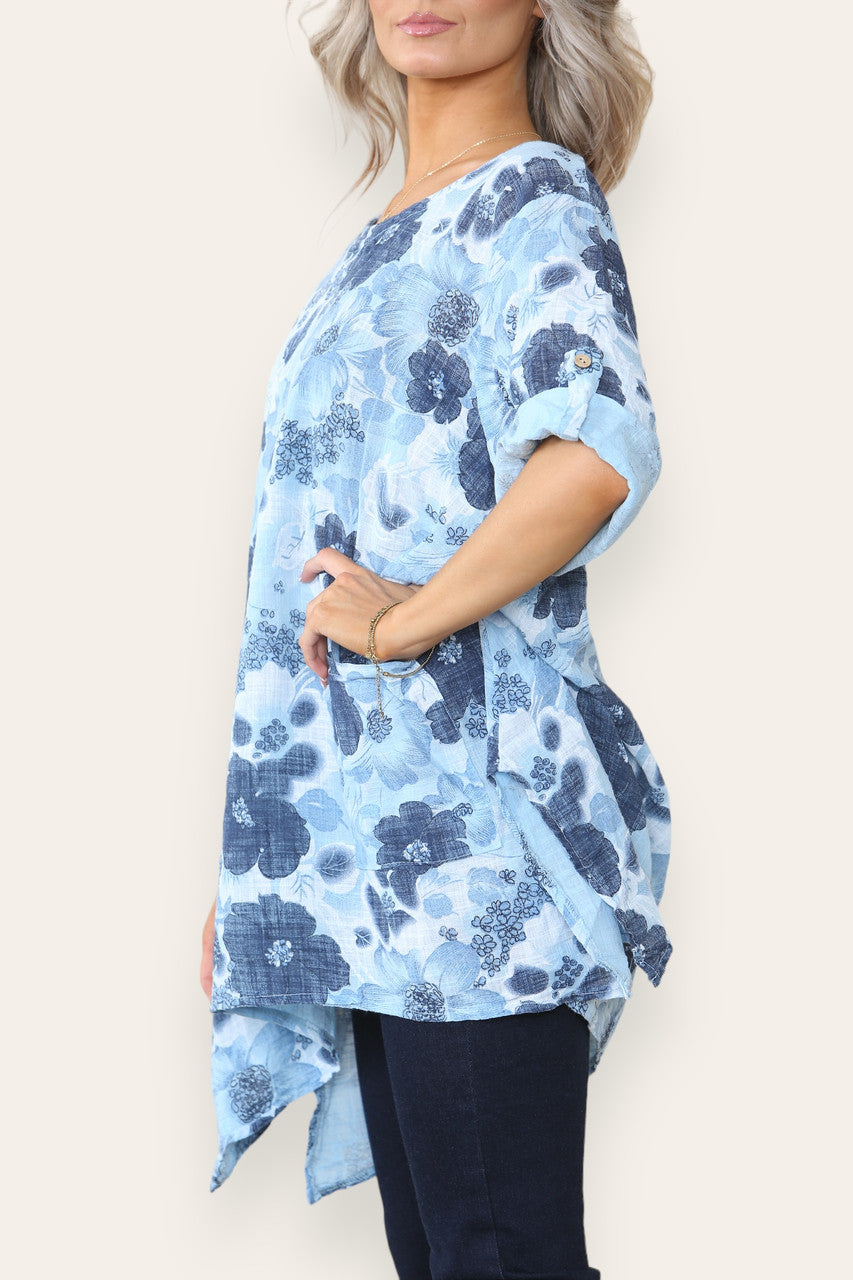 FLORAL PRINT HANKY HEM TOP SKY BLUE