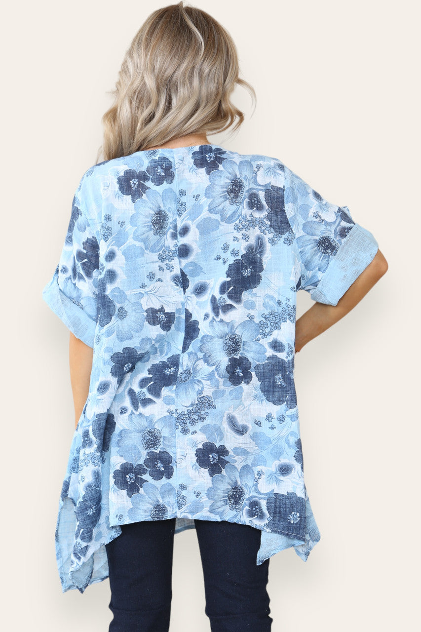 FLORAL PRINT HANKY HEM TOP SKY BLUE