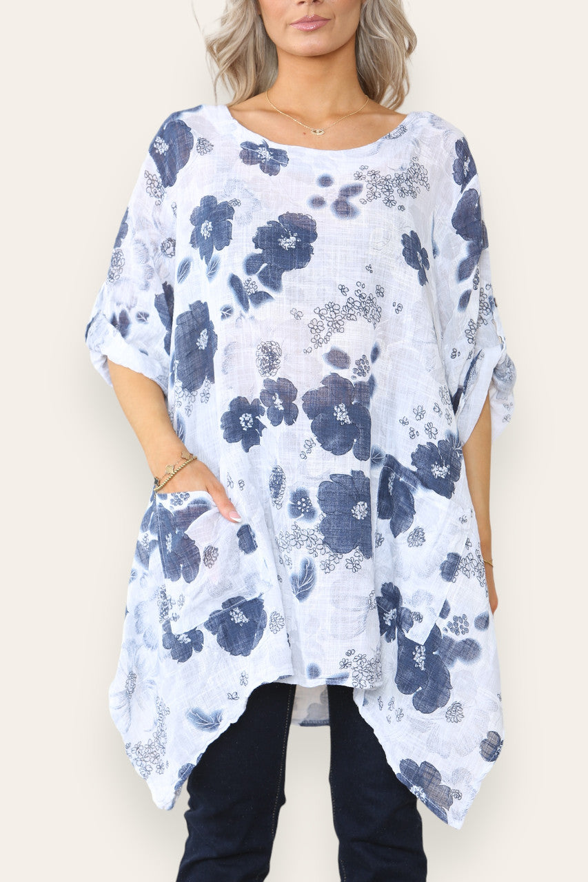 FLORAL PRINT HANKY HEM TOP WHITE