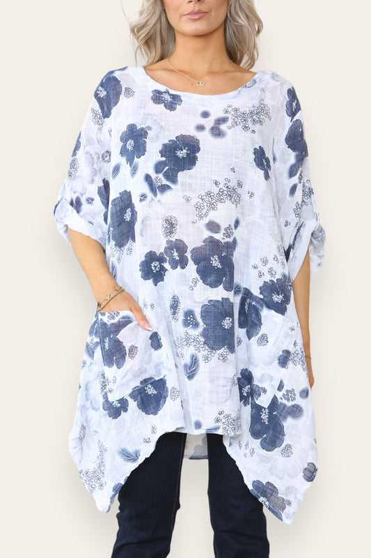 FLORAL PRINT HANKY HEM TOP WHITE