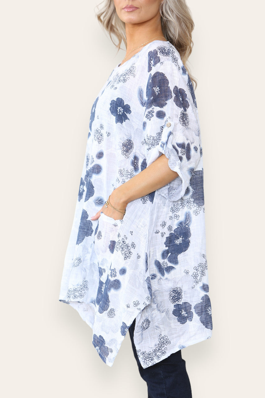 FLORAL PRINT HANKY HEM TOP WHITE