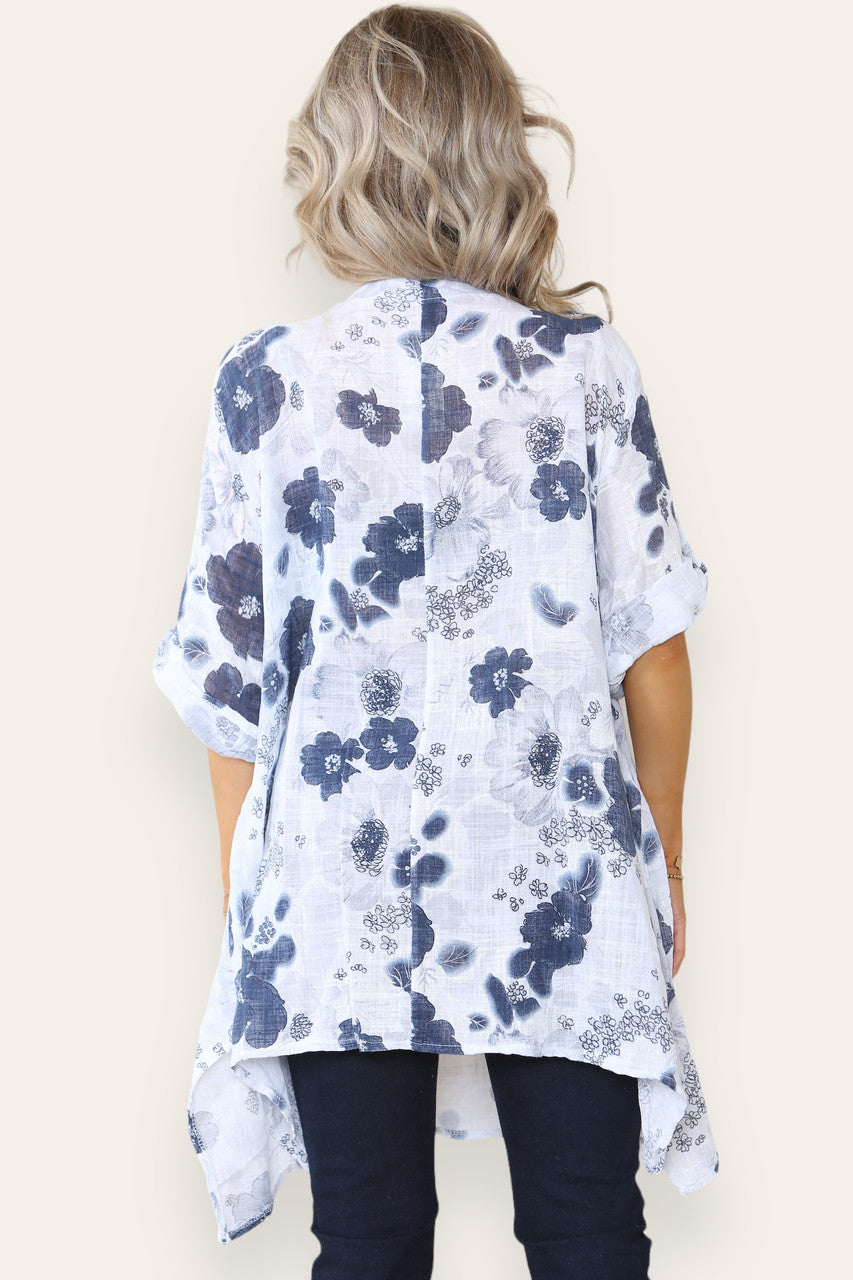 FLORAL PRINT HANKY HEM TOP WHITE
