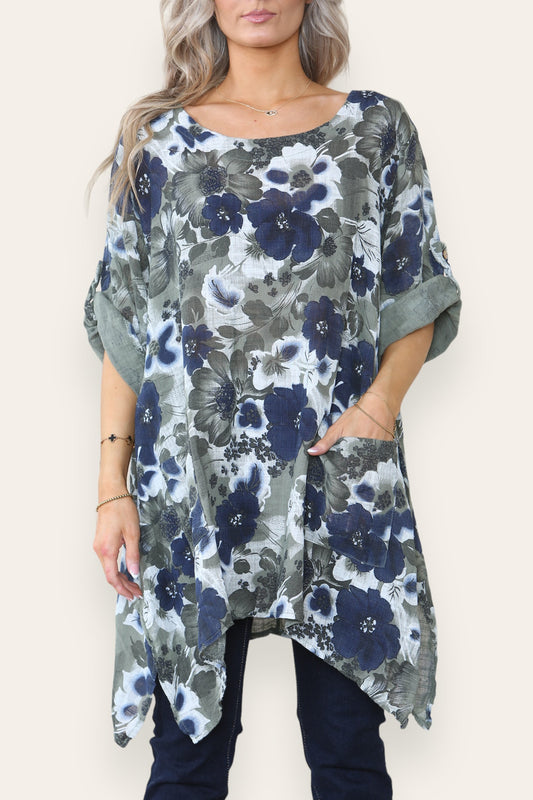 FLORAL PRINT HANKY HEM TOP KHAKI