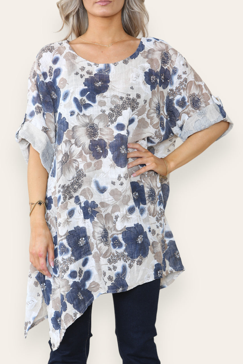 FLORAL PRINT HANKY HEM TOP STONE