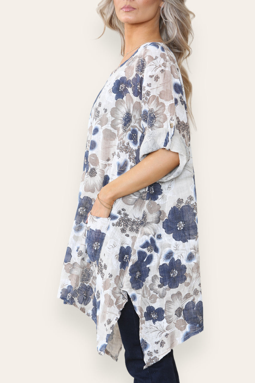 FLORAL PRINT HANKY HEM TOP STONE