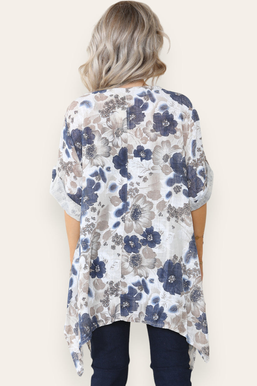 FLORAL PRINT HANKY HEM TOP STONE