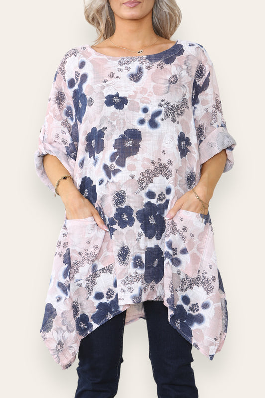 FLORAL PRINT HANKY HEM TOP DUSTY PINK