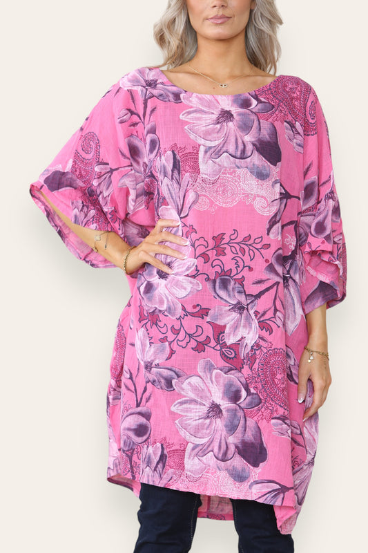 FLOWER PRINT HANKY HEM TOP CERISE