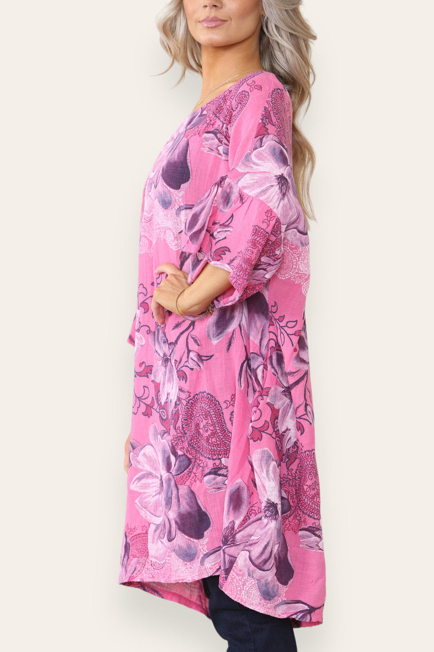 FLOWER PRINT HANKY HEM TOP CERISE