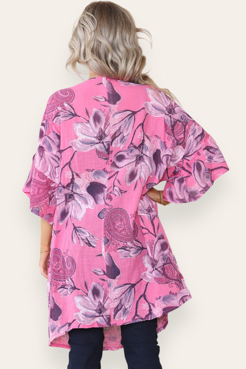 FLOWER PRINT HANKY HEM TOP CERISE