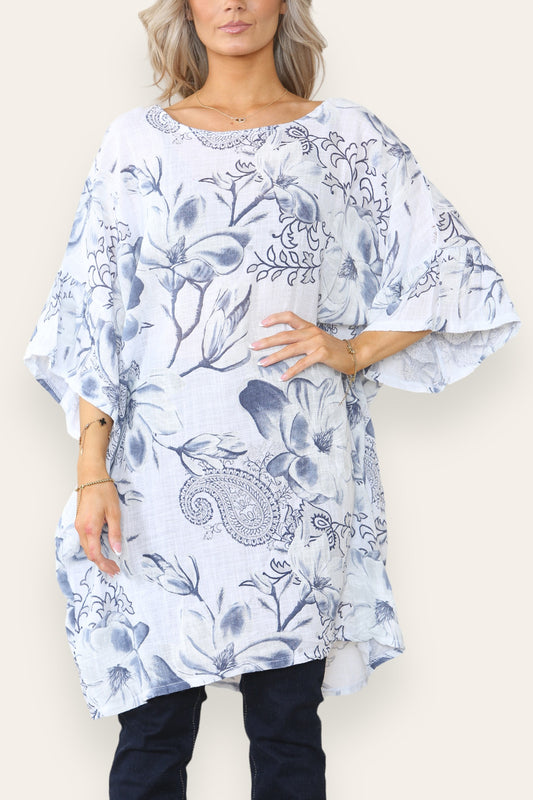 FLOWER PRINT HANKY HEM TOP WHITE