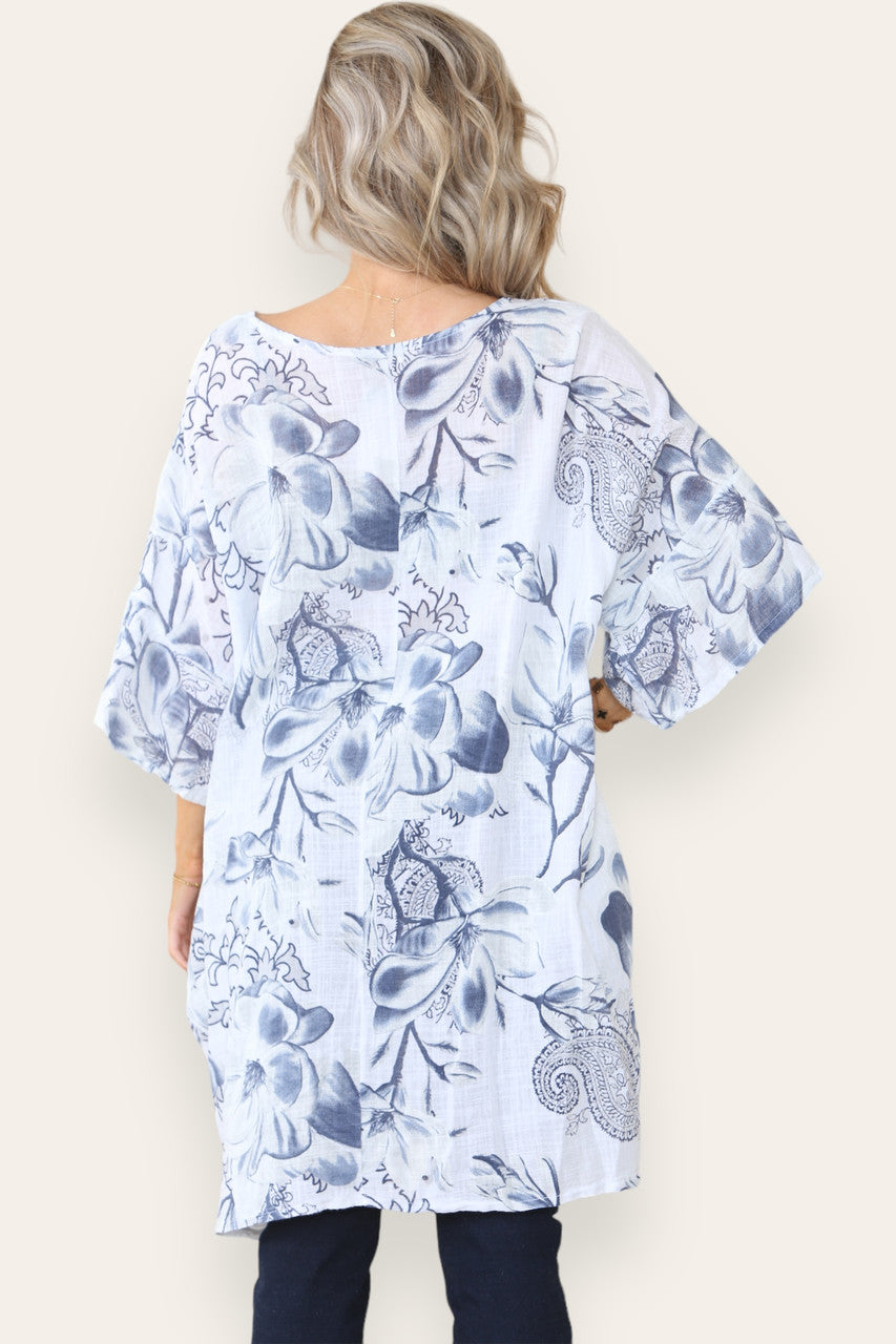 FLOWER PRINT HANKY HEM TOP WHITE