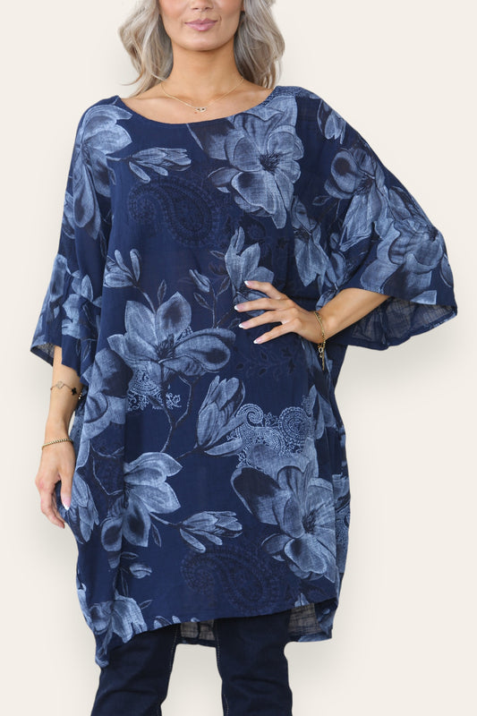 FLOWER PRINT HANKY HEM TOP NAVY