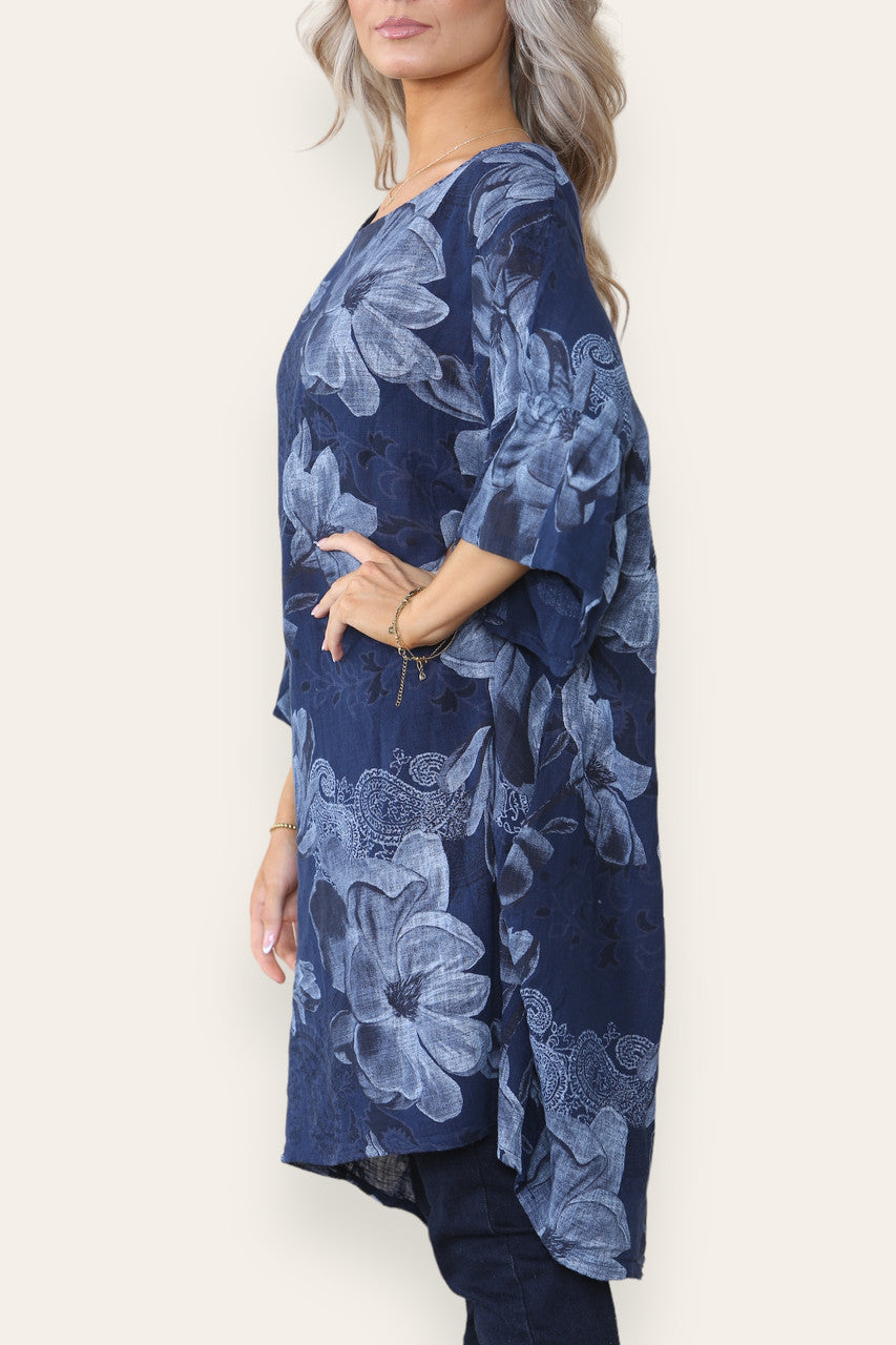 FLOWER PRINT HANKY HEM TOP NAVY