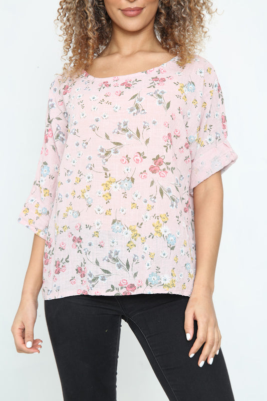 Ladies Ditsy Colourful Floral Top Dusty Pink