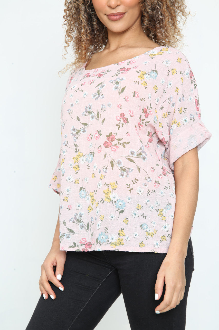 Ladies Ditsy Colourful Floral Top Dusty Pink