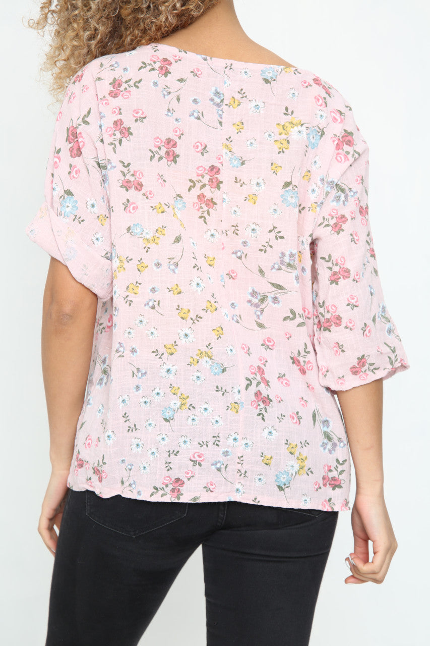 Ladies Ditsy Colourful Floral Top Dusty Pink