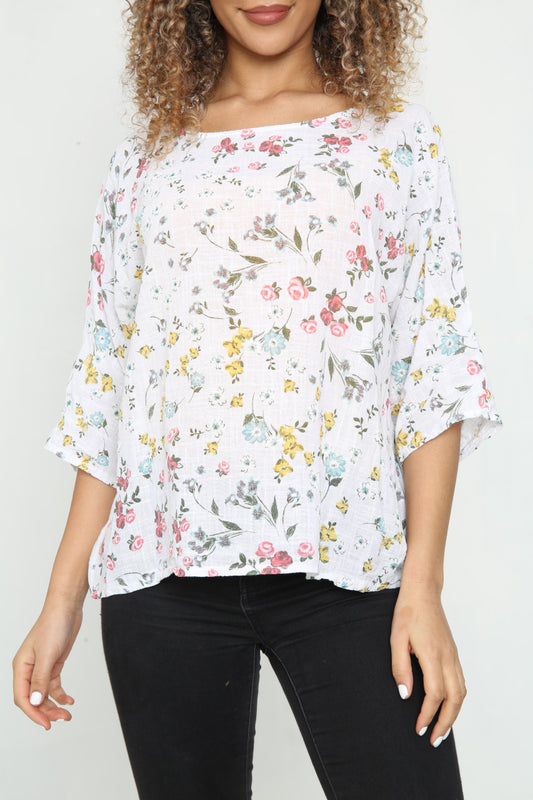 Ladies Ditsy Colourful Floral Top White