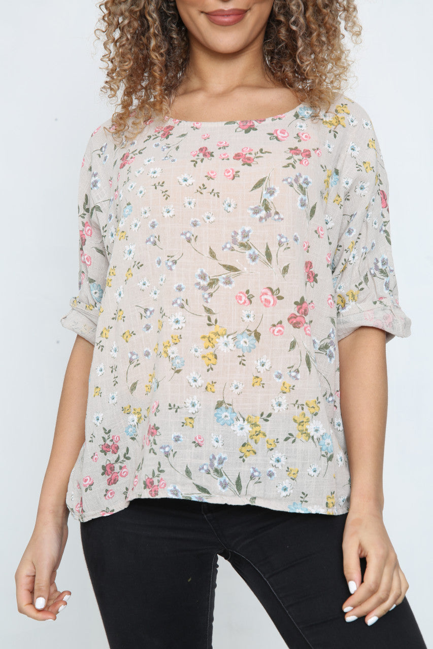 Dames Top met Kleine Kleurrijke Bloemenprint Steengrijs