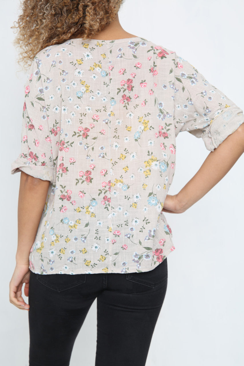 Dames Top met Kleine Kleurrijke Bloemenprint Steengrijs