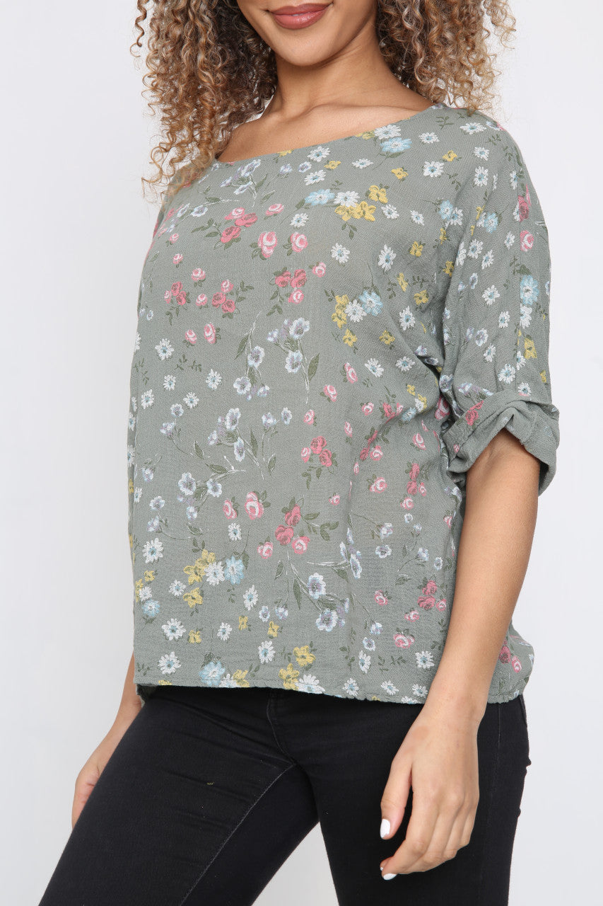 Ladies Ditsy Colourful Floral Top Khaki