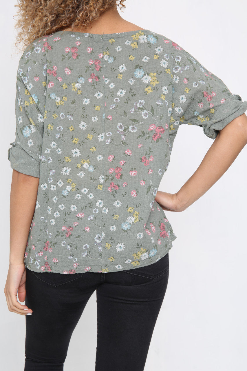Ladies Ditsy Colourful Floral Top Khaki