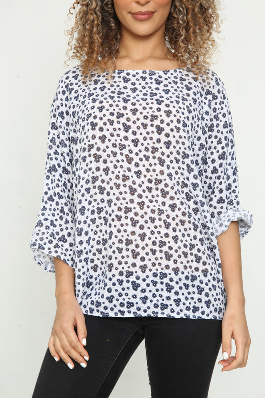 Ladies Daisy Swirl Flowers Print Top White