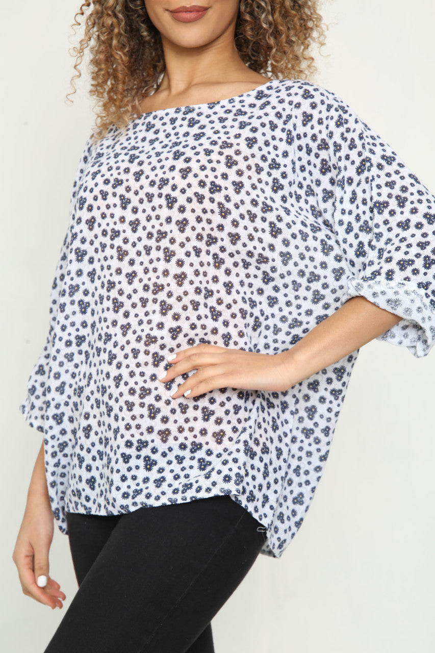 Ladies Daisy Swirl Flowers Print Top White