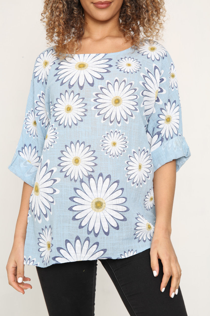 Ladies Daisy Flowers Print Top Sky Blue