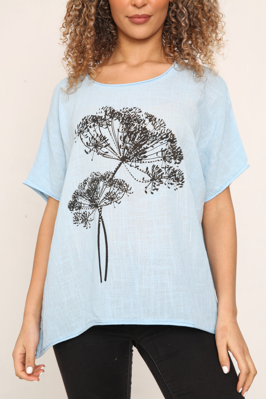 Ladies Dandelion Outline Top Sky Blue