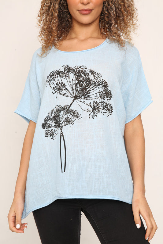 Ladies Dandelion Outline Top Sky Blue