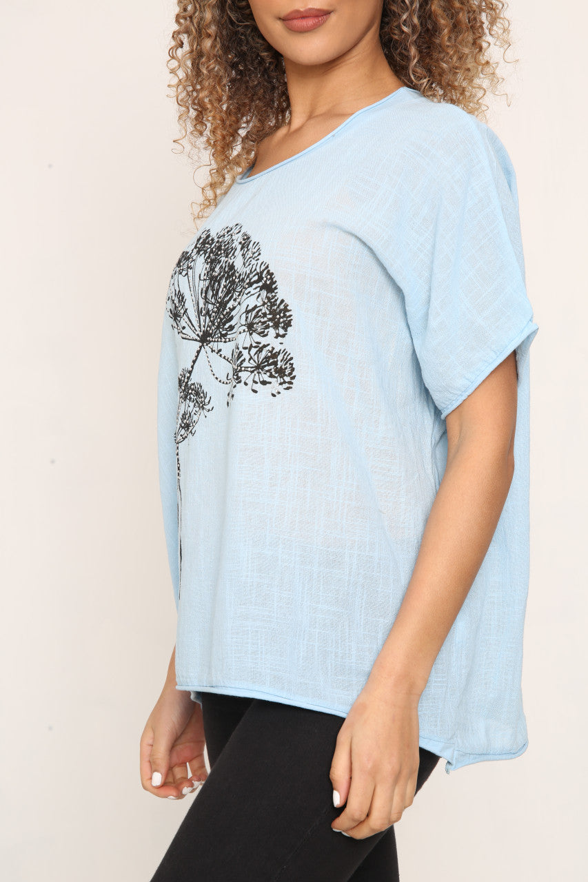 Ladies Dandelion Outline Top Sky Blue